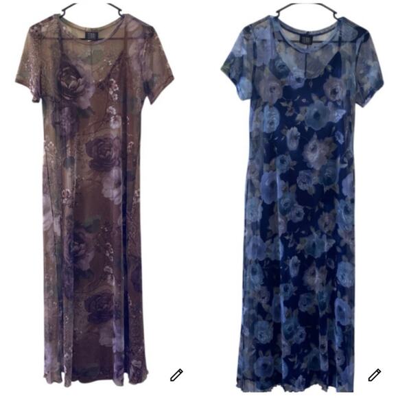 Y2k 90s Floral Maxi Dress TEDDI Short Sleeve Size 8 Sheer Stretch Ruffle Bodycon - Picture 1 of 13